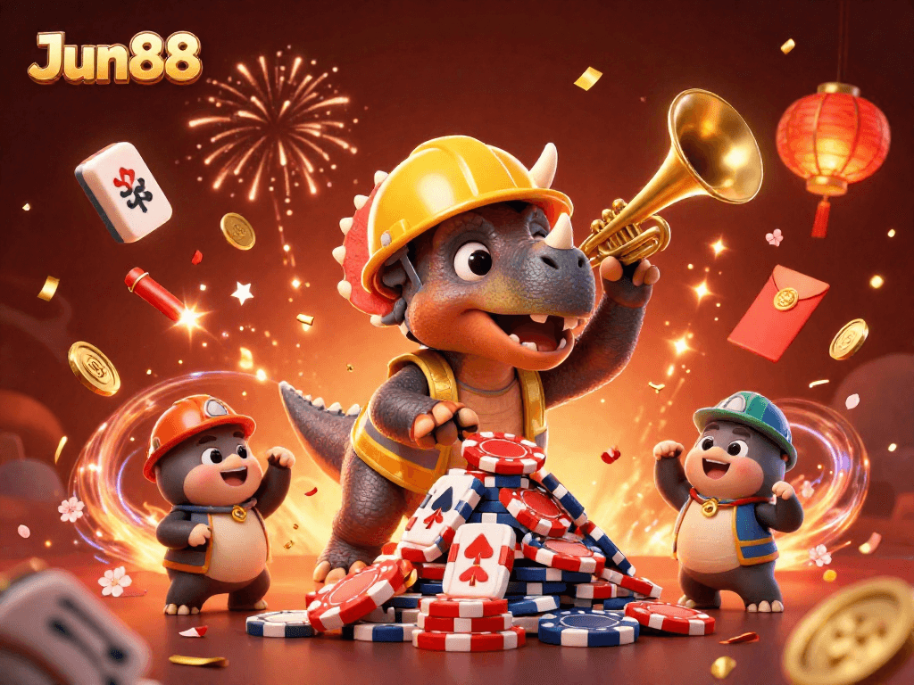 Experience the thrill of Jun88 with a celebration of casino gaming featuring lively characters and vibrant elements.