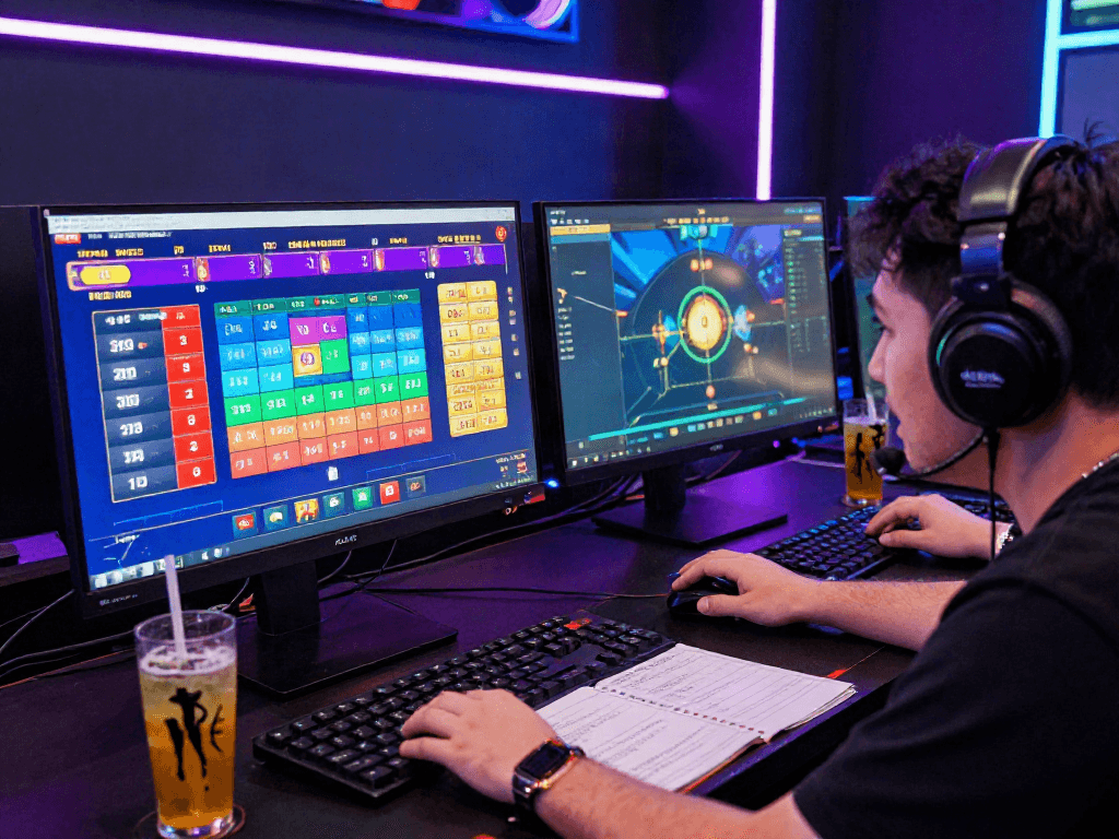 Excited player engaging in bandar togel online experience with vibrant graphics and modern gaming setup.