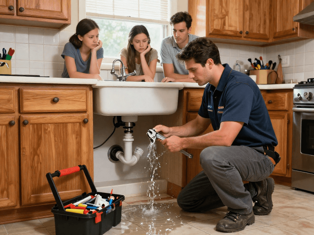 Emergency plumber Fort Worth fixing a burst pipe under a sink in a family's kitchen.