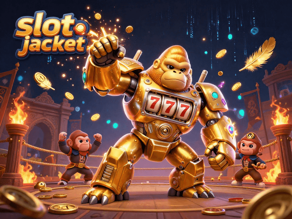 Menangkan slot jackpot dengan karakter gorilla emas mekanik yang unik dan simbol keberuntungan dalam permainan slot.