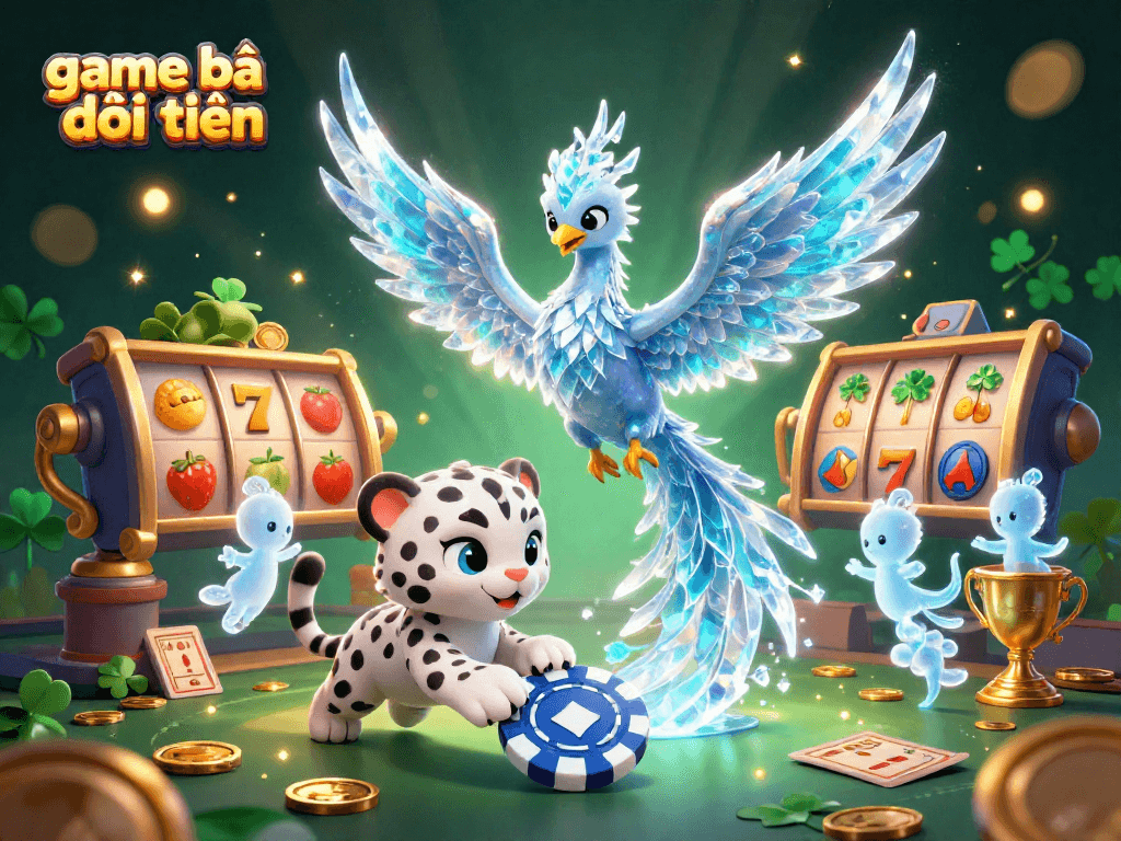 Engage in game bài đổi thưởng with an ice phoenix and animated poker elements in a vibrant casino scene.