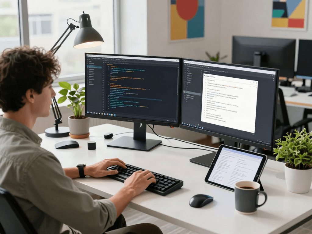 Pikashow apk download in an engaging tech workspace featuring a developer coding.