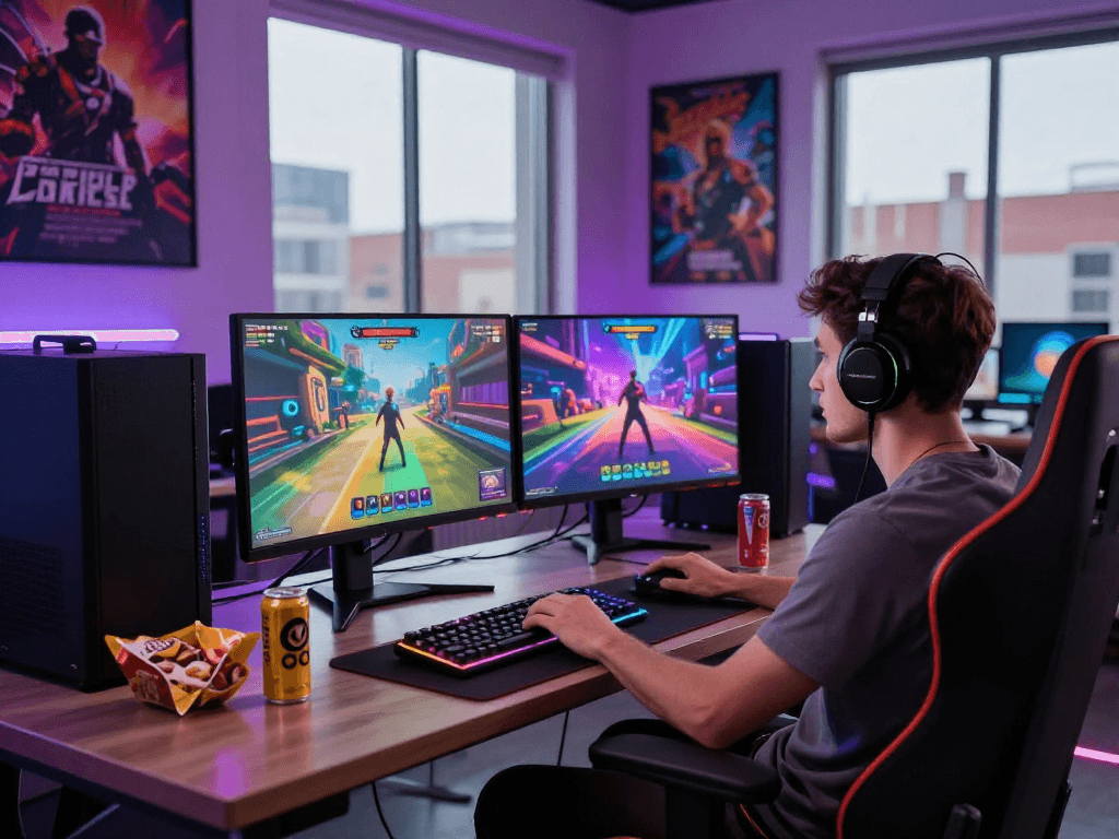 Engaged player immersed in a colorful porn game in a modern gaming setup.
