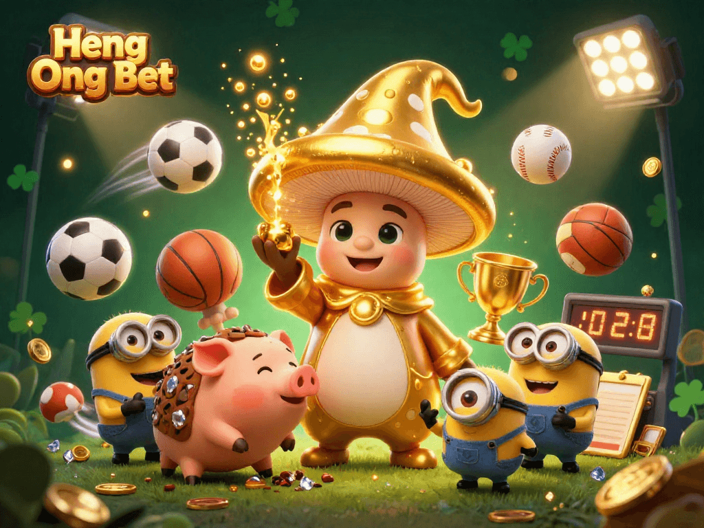 Experience thrill with Heng Ong Bet gaming, illustrated with golden mushroom wizard and sports excitement.