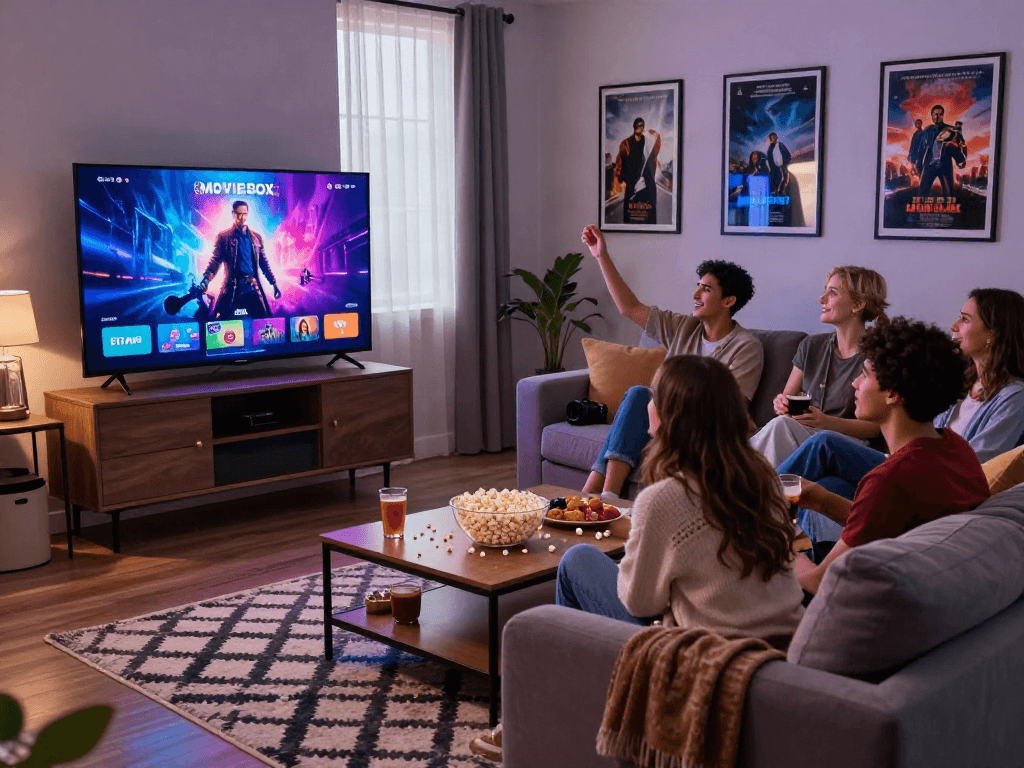 Enjoy a movie night with friends using the Moviebox app download displayed on a smart TV.