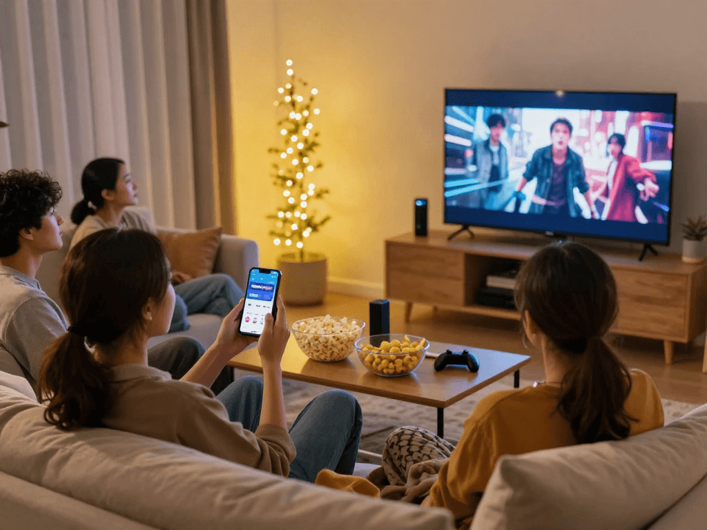 Friends enjoying movie night with Moviebox apk on smartphone and TV.