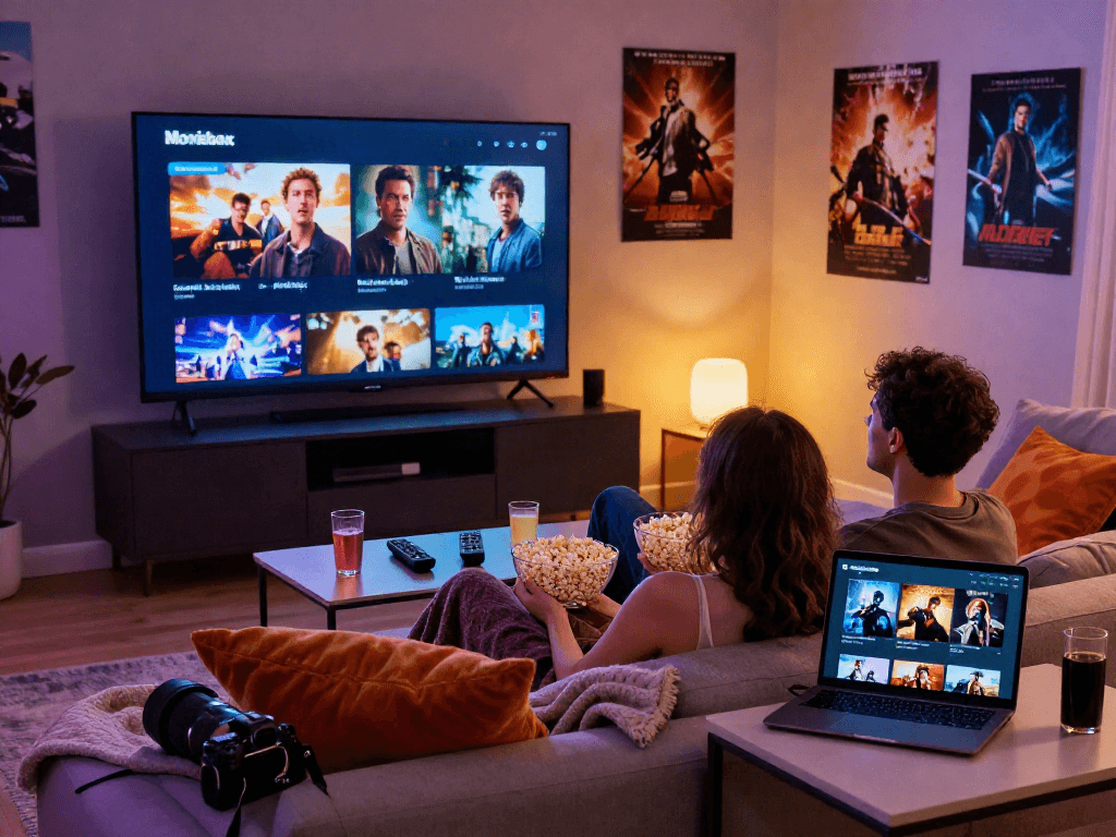 Enjoying a movie night at home with the Moviebox app on a large screen.