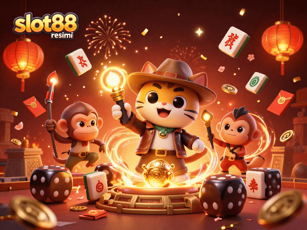 Experience the thrill with slot88 resmi as cartoon cat and monkey discover casino treasures amidst vibrant celebration.