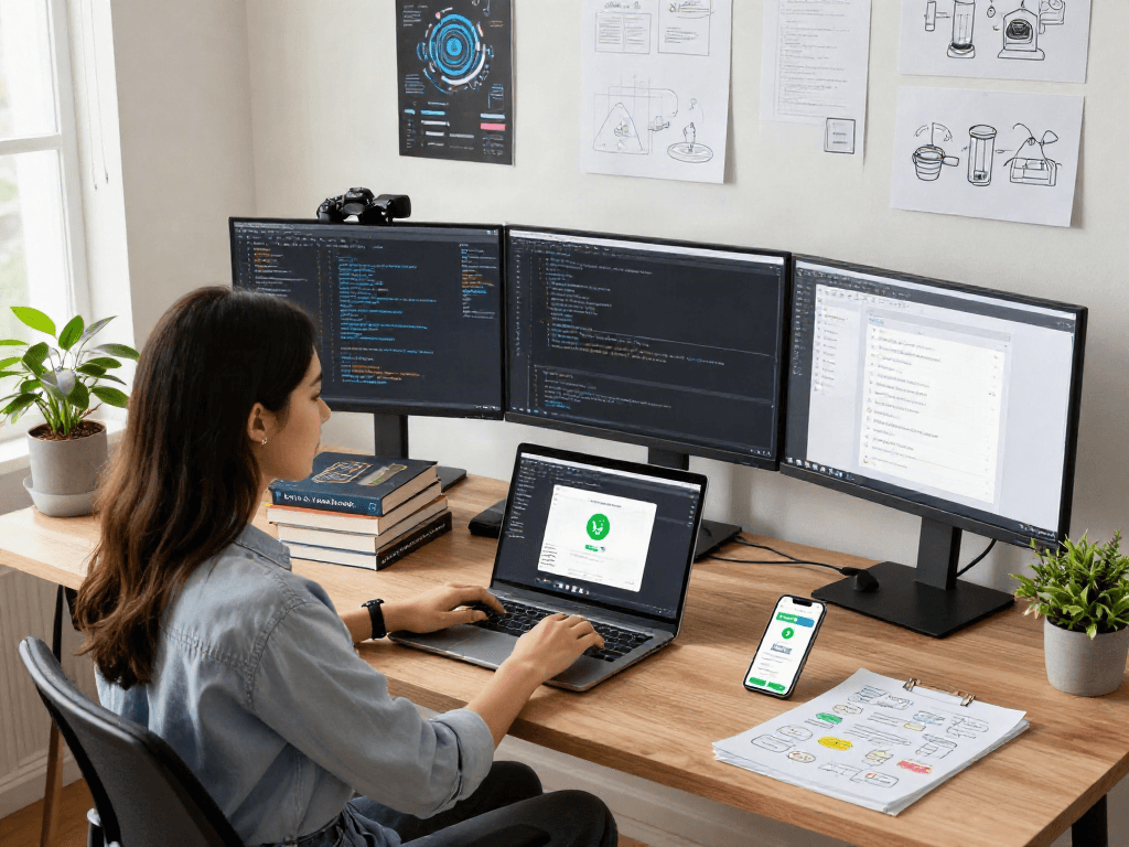 App developer integrating features of GB WhatsApp in a modern workspace, showcasing technology and creativity.