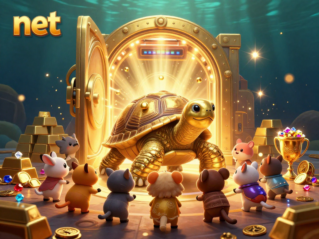 Engage with the vibrant net-themed casino experience featuring golden treasures and playful characters.