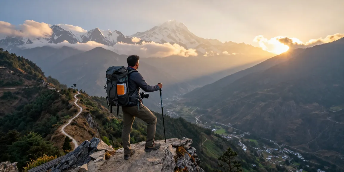Traveler at the summit during trek to Manaslu Circuit, enjoying breathtaking views of the Himalayas.