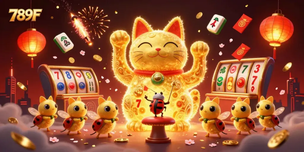 Experience the excitement of 789F with a dynamic 3D casino illustration full of vibrant game elements.