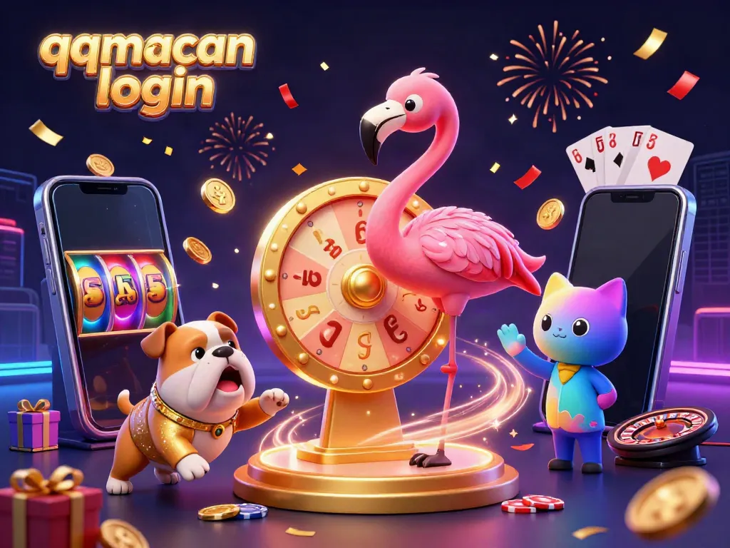 Exciting 3D scene showcasing the qqmacan login experience with a flamingo game show host, bulldog contestant, and many gaming elements.