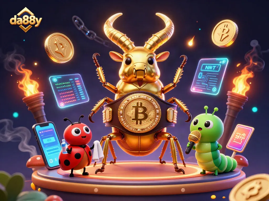Engage with da88y in thrilling crypto gambling, featuring a golden stag beetle in a dynamic casino scene.