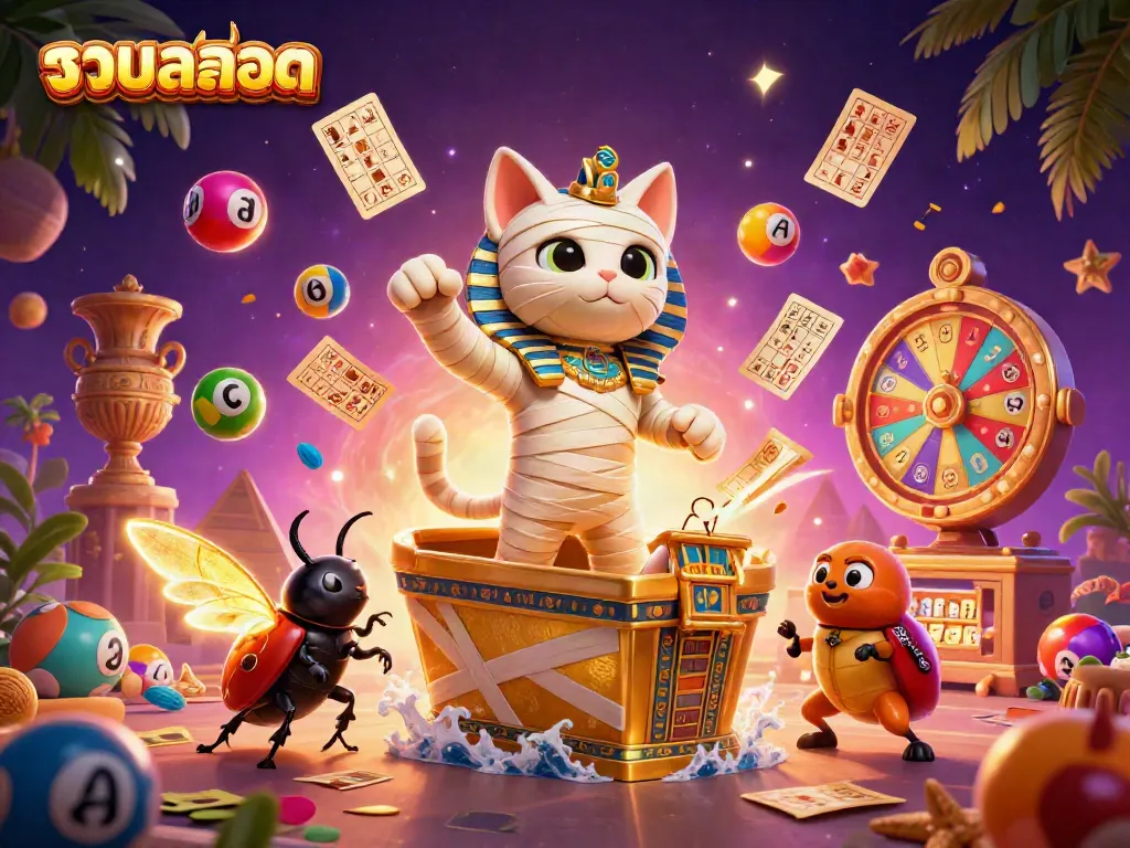 Experience the excitement of รวมสล็อต as Egyptian themed characters burst into a vibrant pyramid casino scene.