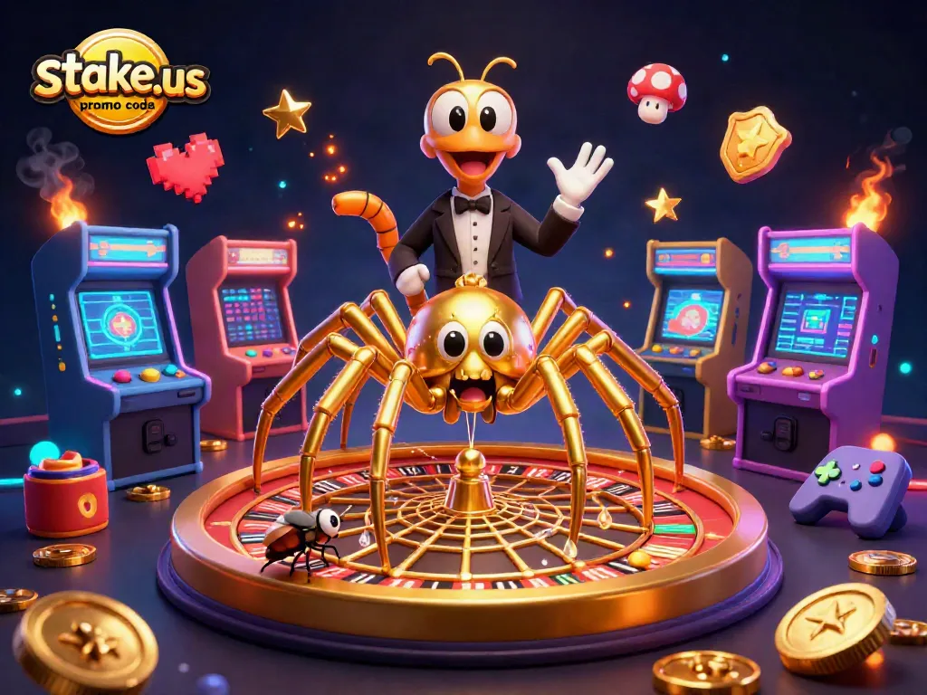 Winning with stake.us promo code at a vibrant gaming scene showcasing golden spider and centipede characters.