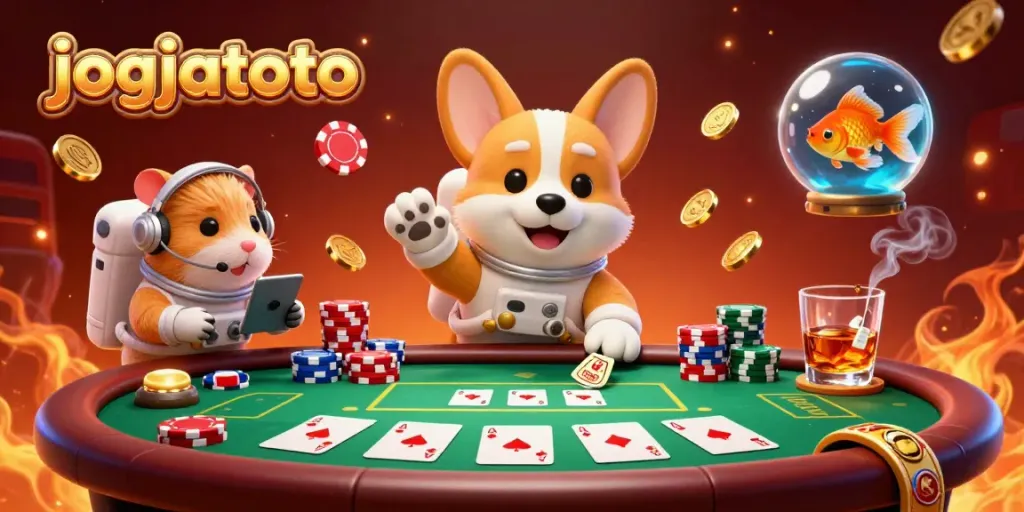 Experience the excitement of JOGJATOTO gameplay with a corgi in a floating casino surrounded by poker elements.