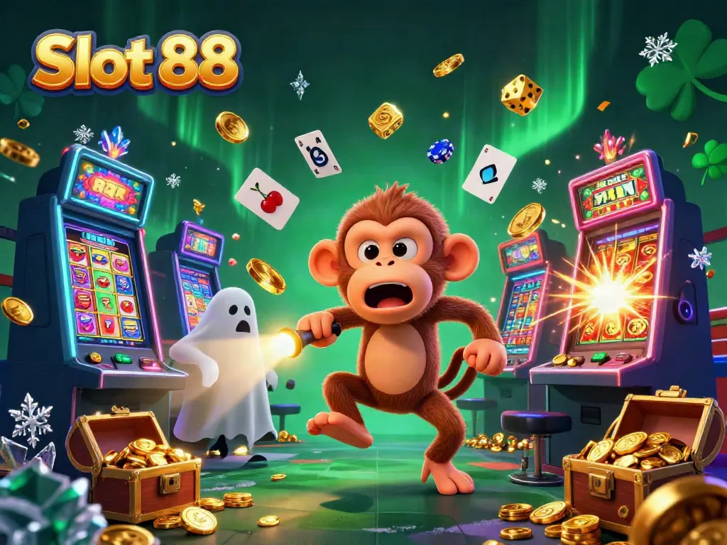 Experience Slot 88's casino magic with a playful ghost monkey and a curious puppy in a vivid illustration.