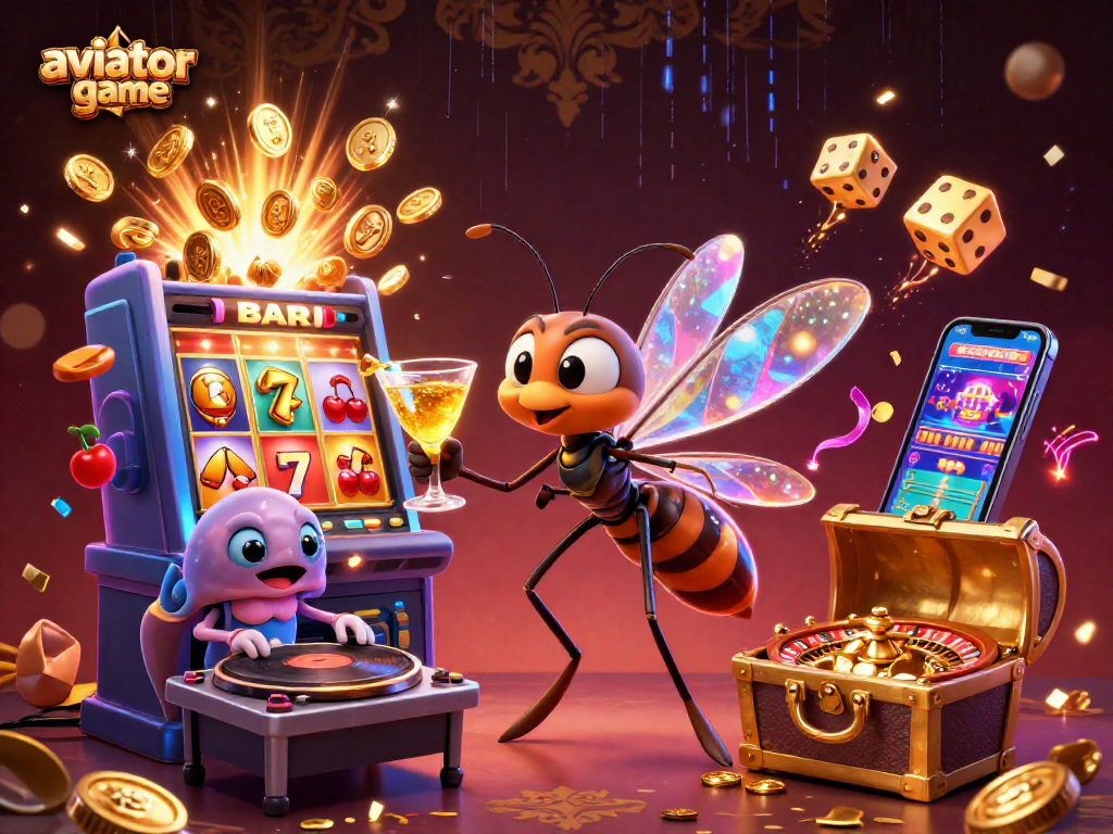 Aviator game scene featuring a mosquito mascot, trilobite DJ, and golden roulette wheel surrounded by casino elements.
