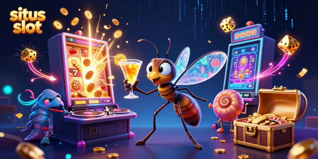 Experience thrilling situs slot action with a vibrant 3D casino illustration showcasing dynamic characters and game elements.