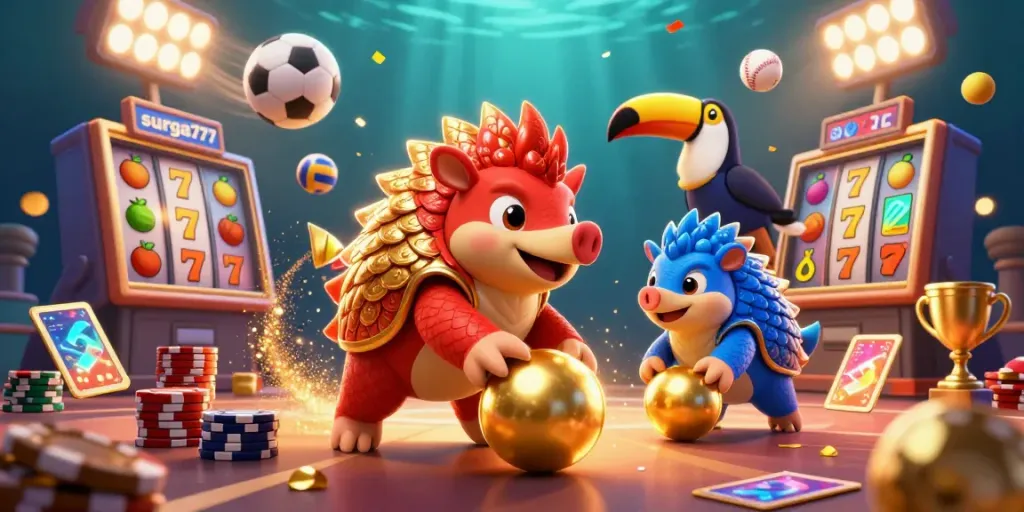 Experience thrilling gameplay with surga777 as rival pangolins roll through golden jackpots and vibrant poker chips.