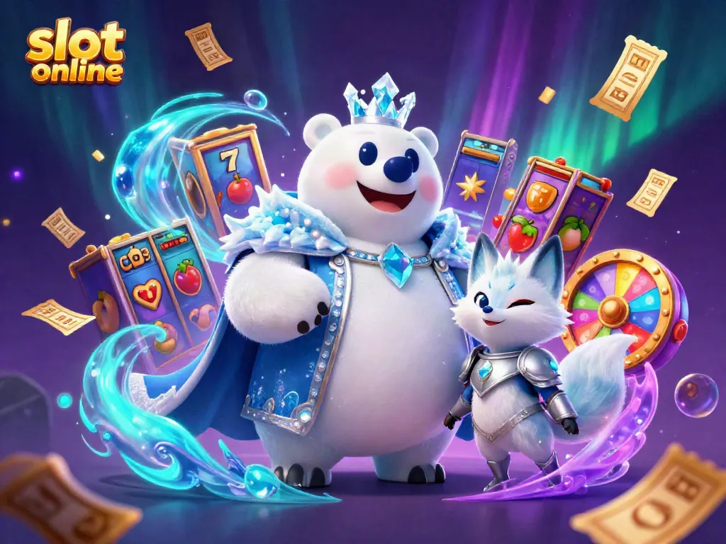 Engage with slot online gameplay depicted in a vibrant 3D casino illustration featuring an ice king and snow fox.