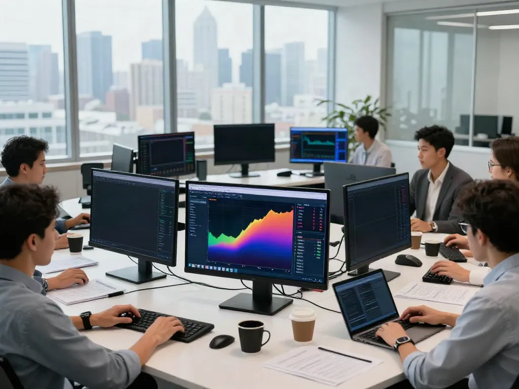 Traders using MetaTrader 5 in a collaborative office environment with multiple screens and market analysis.