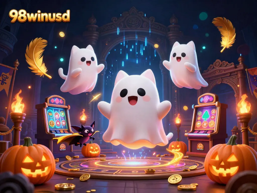 The ghost cat and vampire bat explore the haunted casino of 98winusd, surrounded by glowing elements.