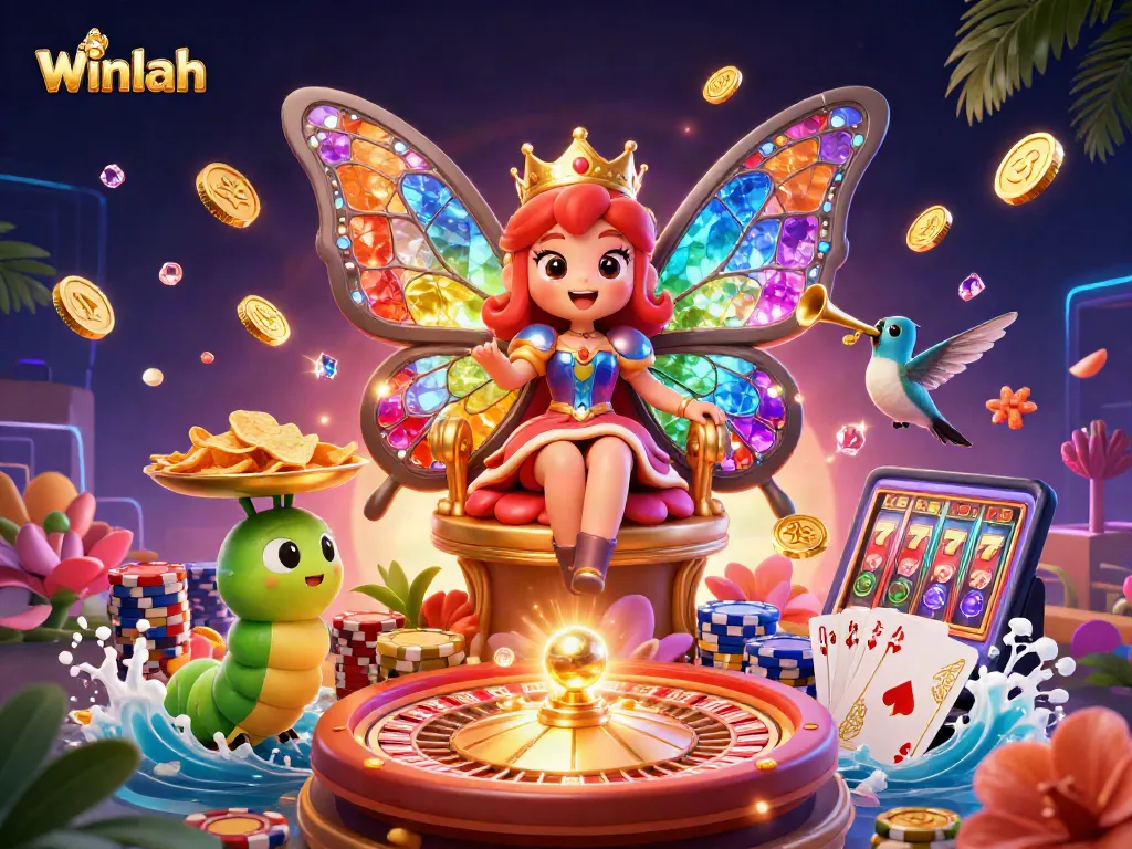 Winlah casino illustration featuring a butterfly queen, colorful poker chips, and a spinning roulette wheel.