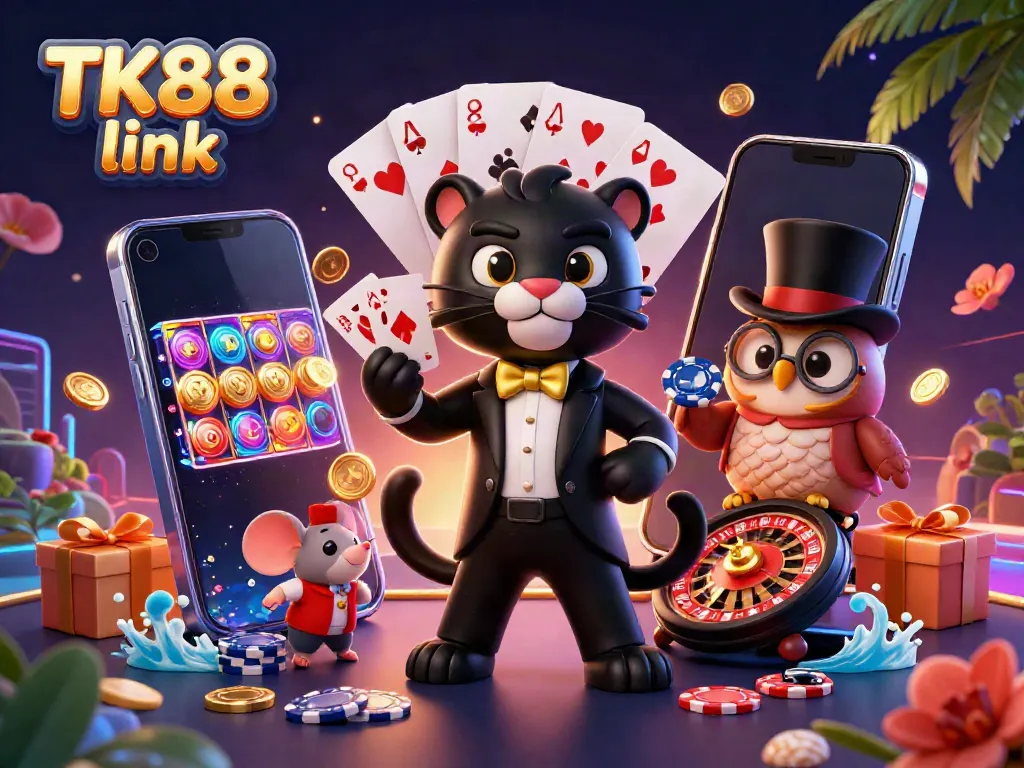 Experience the excitement of TK88 link in a vibrant 3D casino scene with a stylish panther dealer and lucky characters.