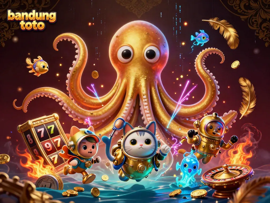 Engage in thrilling games at bandung toto with an exciting 3D kraken and diving cat scene.