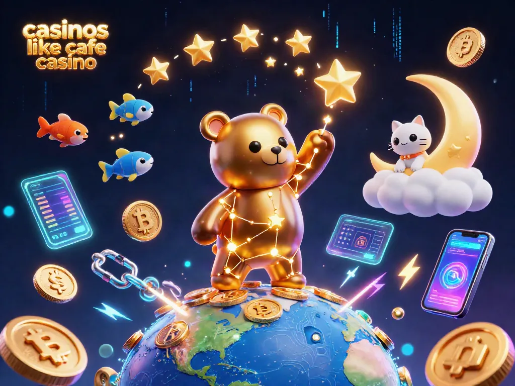 Engage with casinos like cafe casino, featuring dynamic 3D illustration of cosmic gambling elements.