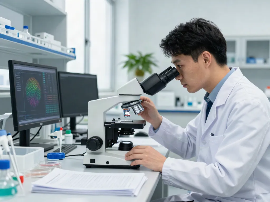 Researcher examining FOXO4 DRI 10mg peptide in a laboratory setting.