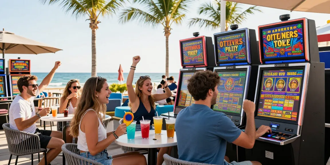 Friends celebrating a win at slot depo qris machines on a beachfront, vibrant atmosphere.