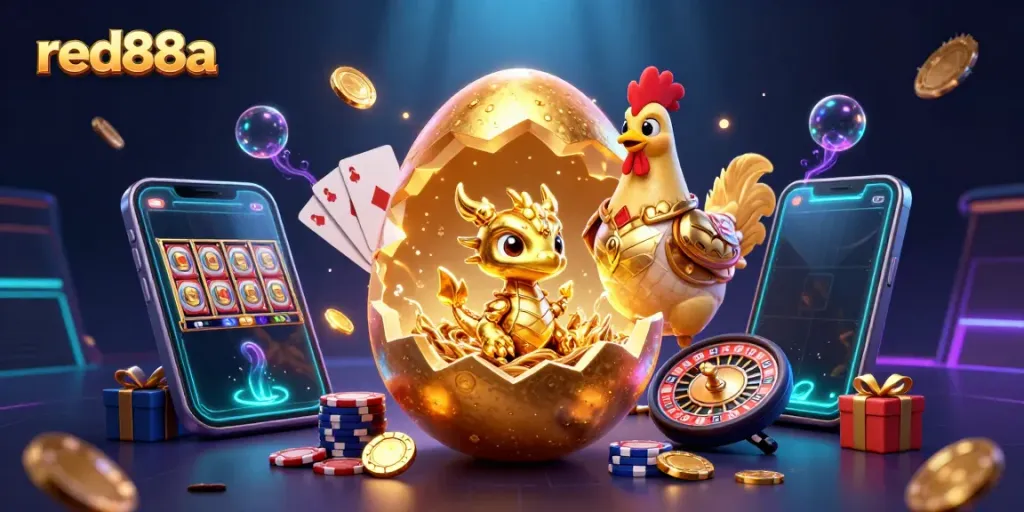 Experience the thrill of red88a with a golden dragon and poker chips in a dynamic casino scene.