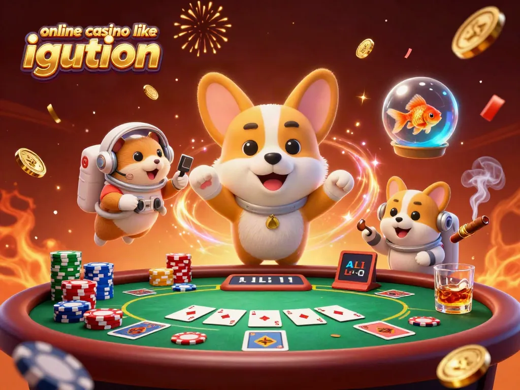 Engage in colorful gaming fun at an online casino like ignition with a corgi astronaut and floating poker chips.
