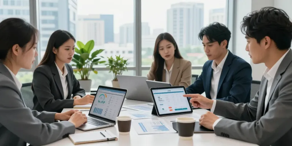 AJO88 dalam diskusi investasi properti di kantor urban yang modern.