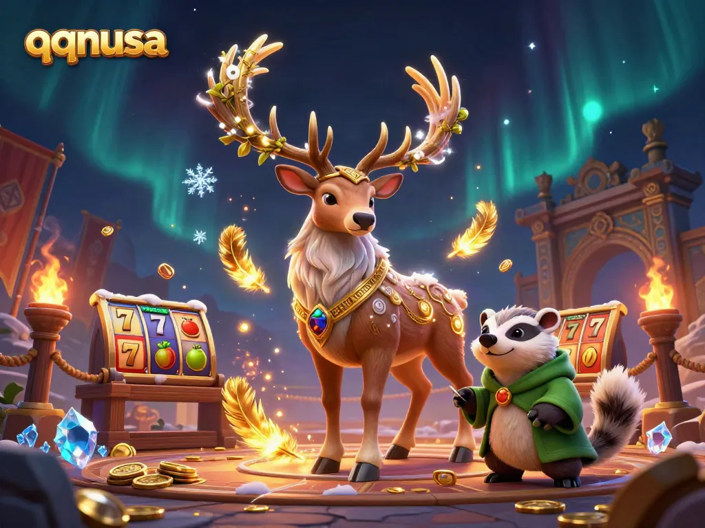 Engage in thrilling gameplay at qqnusa with a vibrant, fantastical casino scene featuring a druid stag and wise badger.