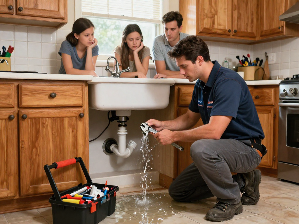 Emergency plumber Fort Worth fixing a burst pipe under a sink in a family's kitchen.