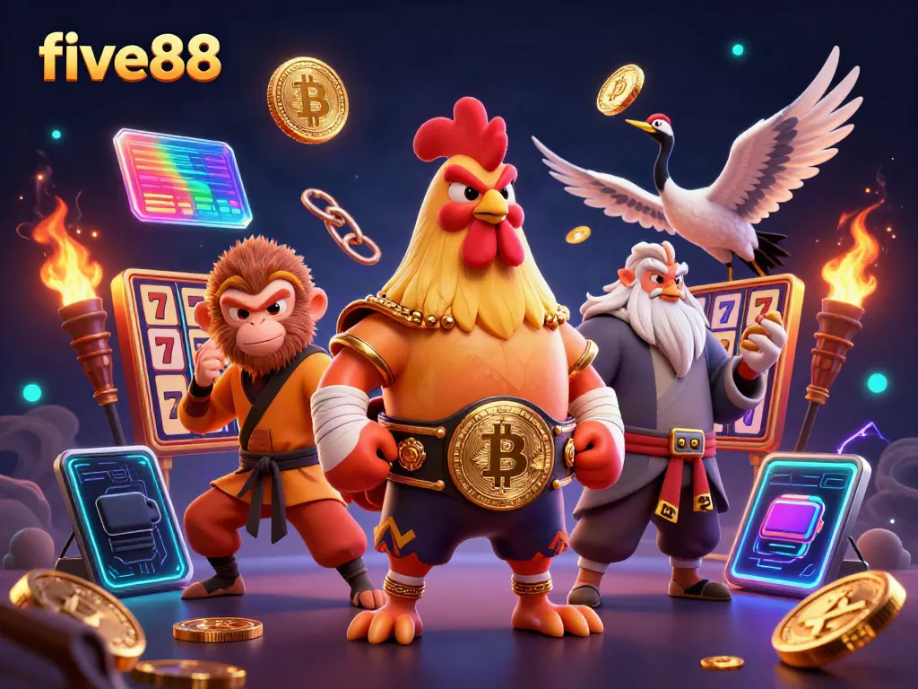 Engage with five88's vibrant casino scene featuring characters interacting with gaming elements.
