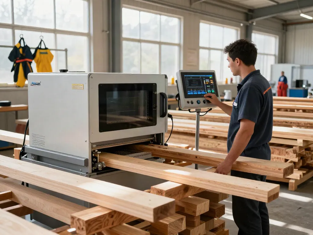 Technician using SHASHEL® microwave technology for eco-friendly woodworm elimination in a modern facility.