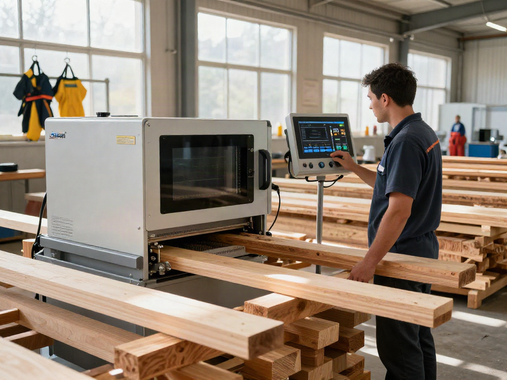 Technician using SHASHEL® microwave technology for eco-friendly woodworm elimination in a modern facility.