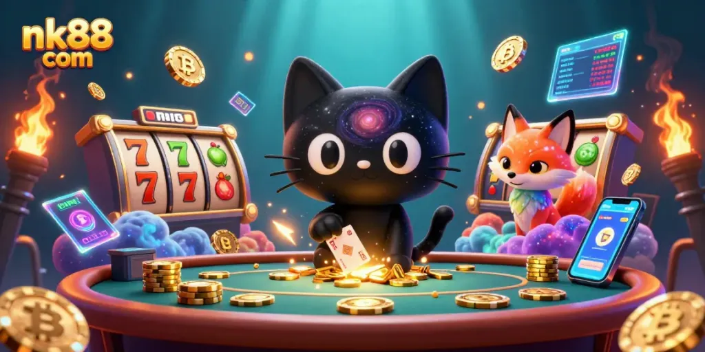 Experience nk88 com's cosmic slot action with a whimsical cat and fox at a vibrant casino.