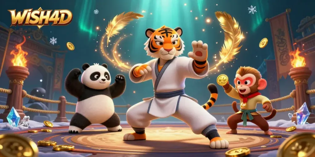 Engage with WISH4D's thrilling gameplay featuring a kung fu tiger and panda in a vibrant casino scene.