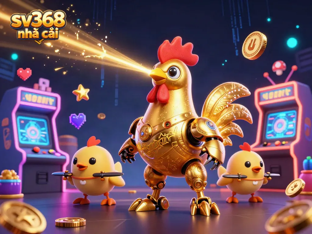 Engage with sv368 nhà cái: spectacular gaming scene featuring a futuristic golden rooster robot amid vibrant casino elements.