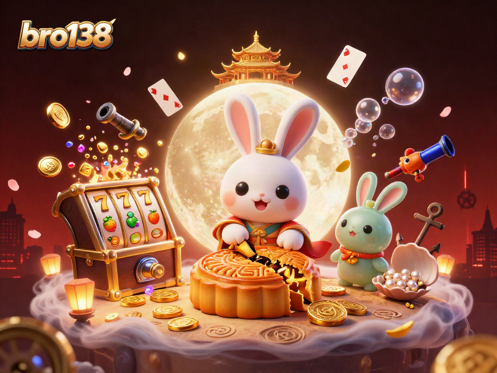 Engage with bro138's vibrant slot action featuring a moon rabbit and golden treasures.