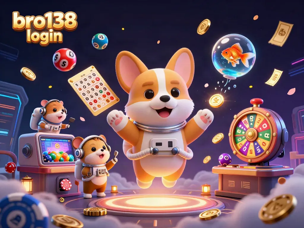 Engage with bro138 login featuring a lively 3D scene of a corgi astronaut in a casino, vibrant lottery elements, and casino action.