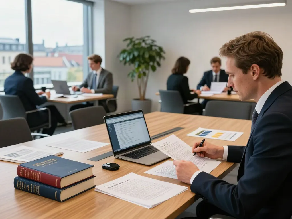 Lead Roedl consulting team in modern office discussing legal strategies with open documents.