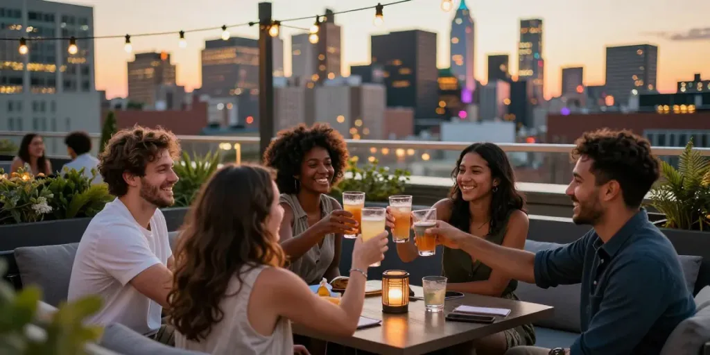 Social gathering at bedfordsocialclub.com rooftop, friends enjoying drinks with city skyline backdrop.