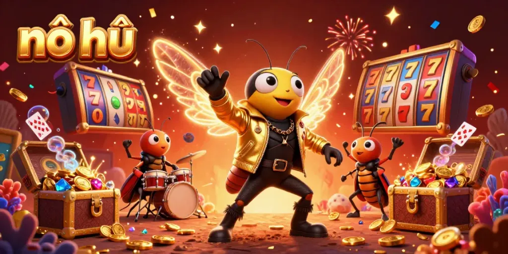 Engage in nổ hũ action with a vibrant 3D illustration featuring an energetic cicada rock star, floating slot elements, and glimmering rewards.